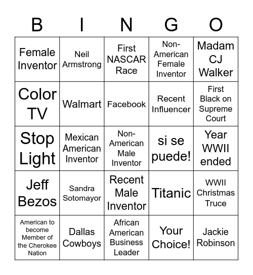Inventors and AMerican Firsts Bingo Card
