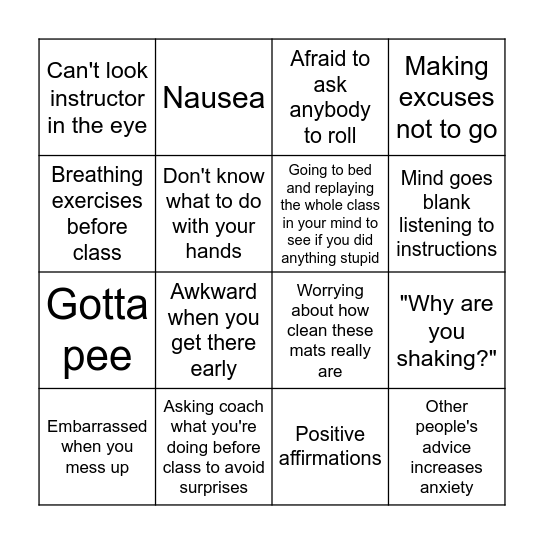 Anxiety at BJJ Class Bingo Card