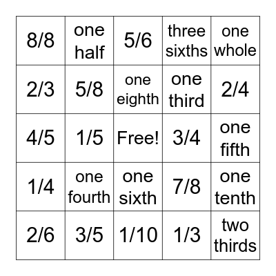 Fraction Bingo Card