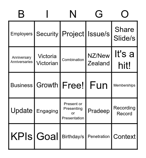 Monthly Business Update Bingo Card