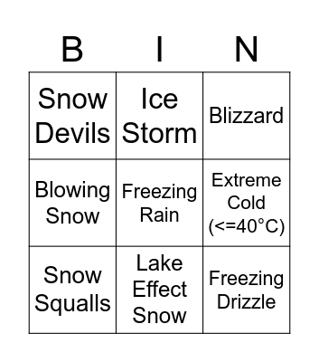 2023 Winter Weather Bingo Card