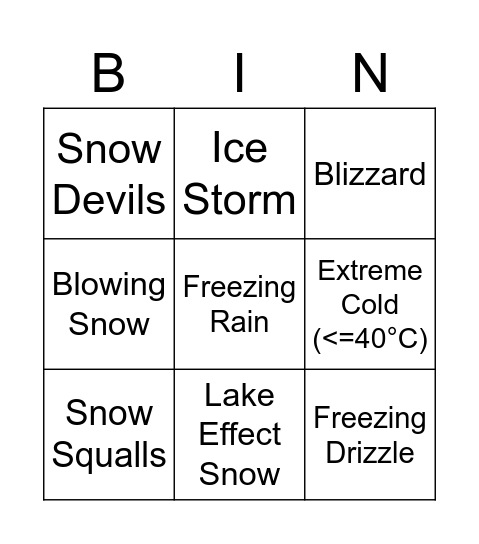 2023 Winter Weather Bingo Card