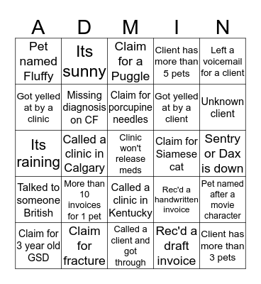 Admin Bingo Card