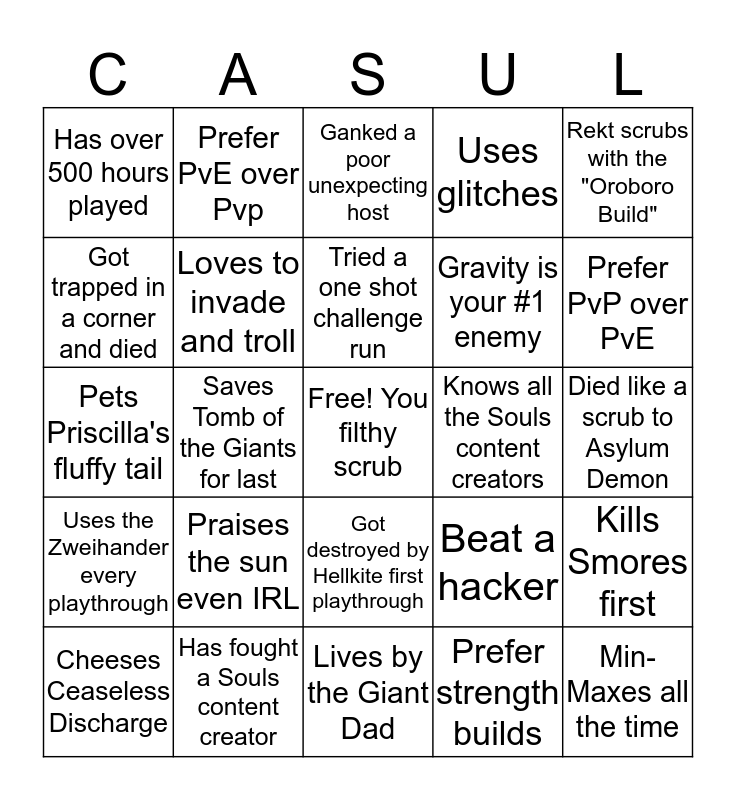 Dark Souls Bingo Mark What Applies To You Bingo Card