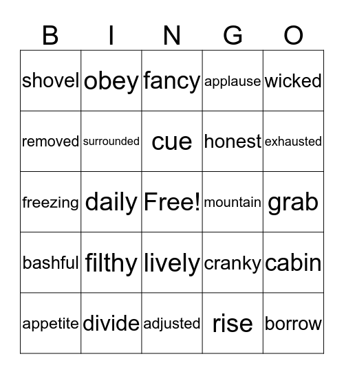 vocabulary review Bingo Card