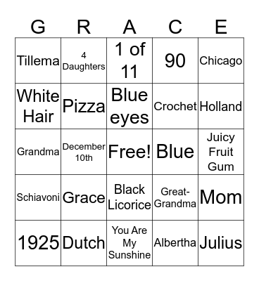 Happy 90th Birthday Grandma Bingo Card