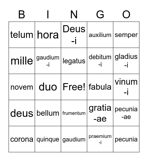 Intro to Latin Test II Bingo Card