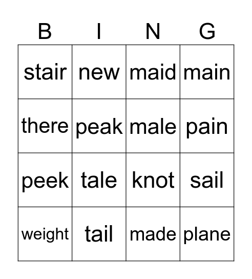 Homophones with ai, a_e Bingo Card