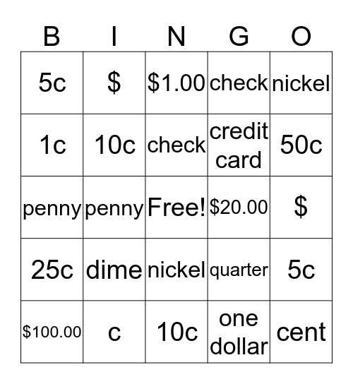 money bingo Card