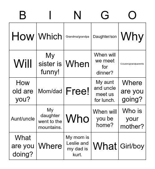 Wh words/sentences Bingo Card