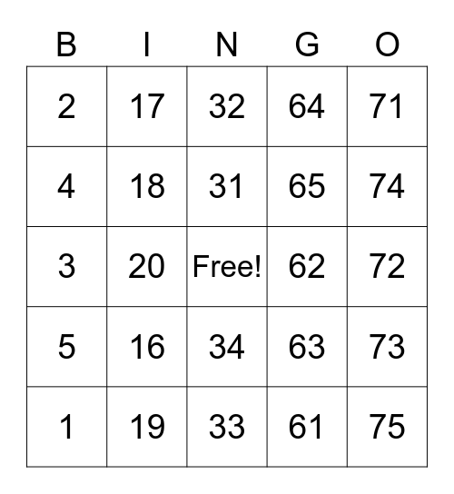 Number Bingo 1-75 Bingo Card