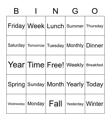 Time/days of the week Bingo Card