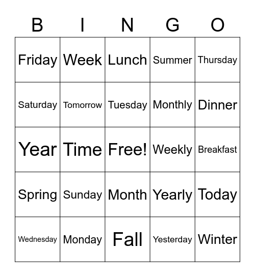 Time/days of the week Bingo Card