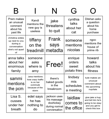 Tuesday At Work Bingo Card