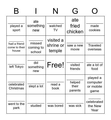 What did you do over winter break? Bingo Card