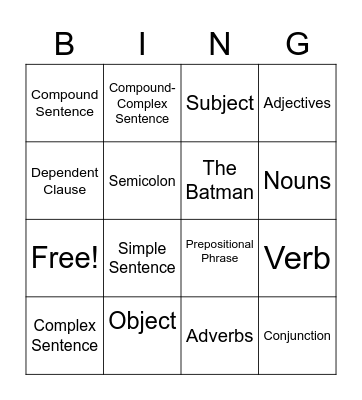 English Bingo Card