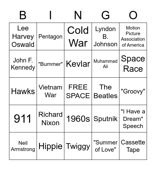 1960s Decade Bingo Card