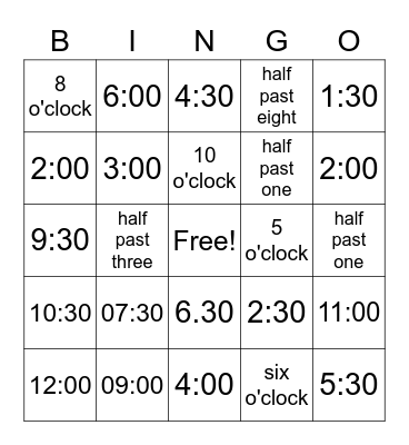 Telling Time Bingo Card