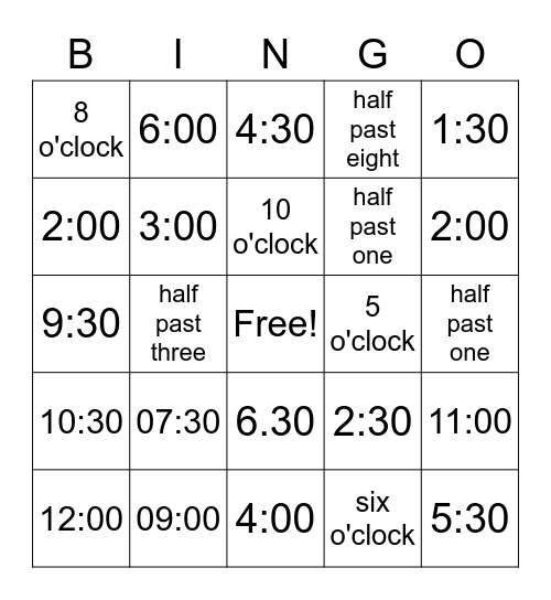 Telling Time Bingo Card