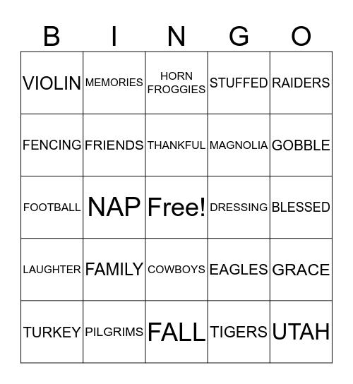 Thanksgiving Bingo Card