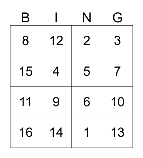 Math Facts Bingo Card