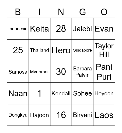 Tay’s Bingo Card
