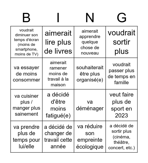 Dans la classe, trouve une personne qui Bingo Card