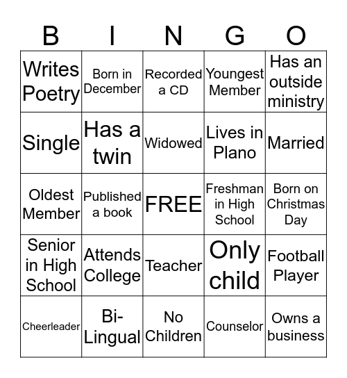 Get to Know Your Church Family Bingo Card