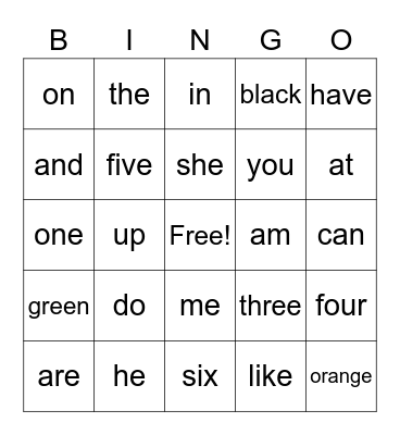 Sight Words Bingo Card