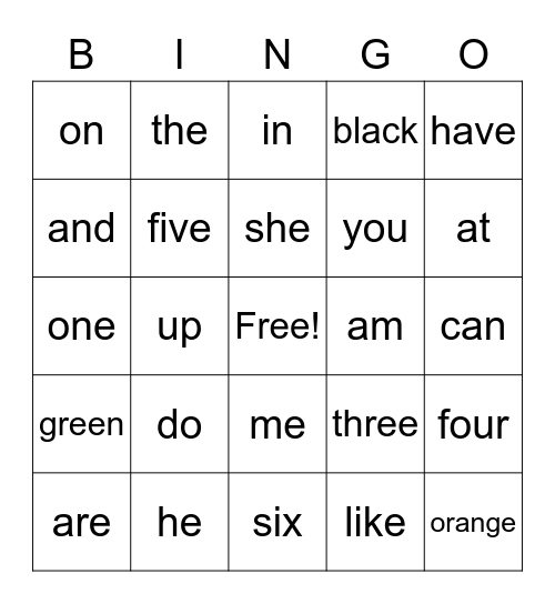 Sight Words Bingo Card