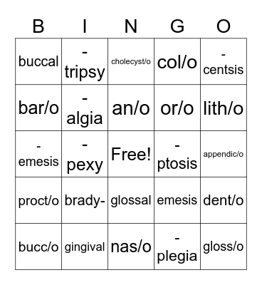 Digestive System Bingo Card