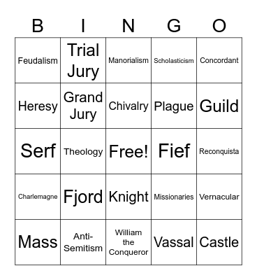 Middle Ages Vocabulary Bingo Card