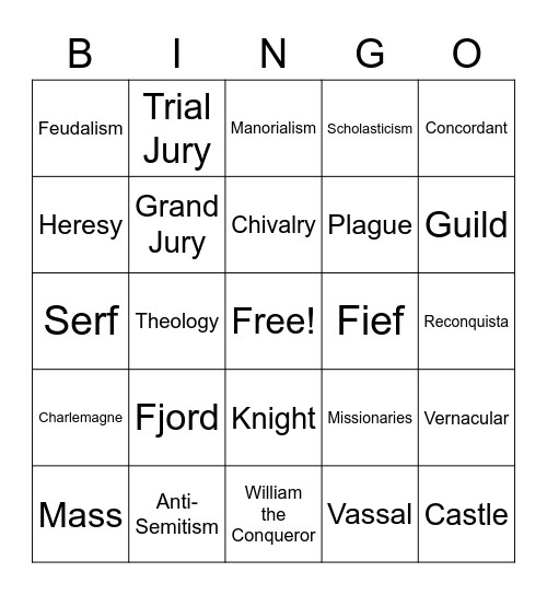 Middle Ages Vocabulary Bingo Card