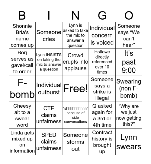 Union Meeting Bingo Card