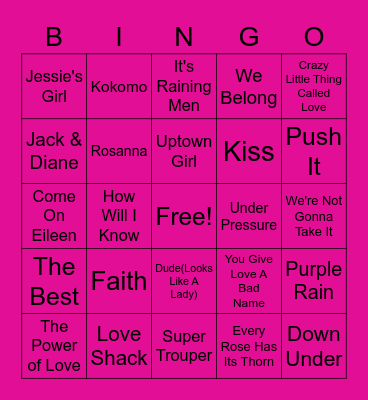 80s Music Bingo Card