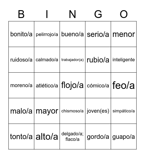 Descriptive Adjectives Bingo Card