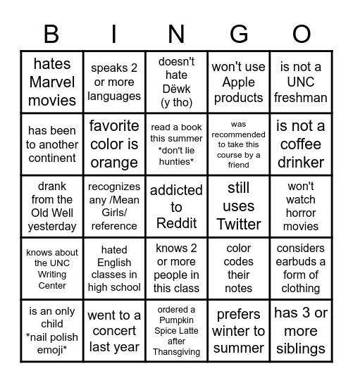 Icebreaker Bingo Card