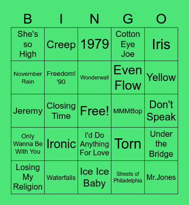90s Music Bingo Card