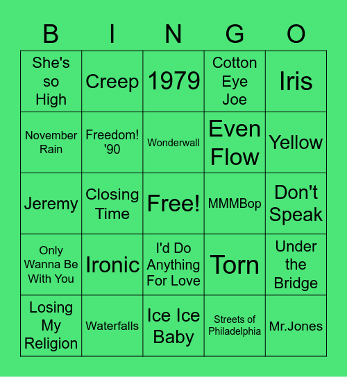 90s Music Bingo Card