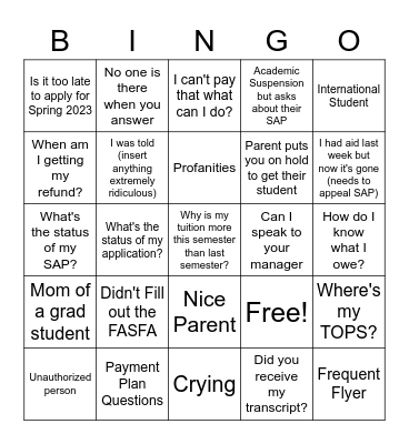 Fee Payment Bingo Card