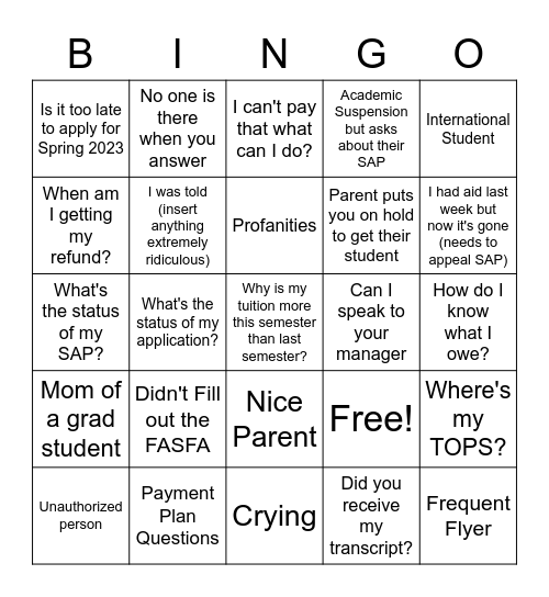 Fee Payment Bingo Card