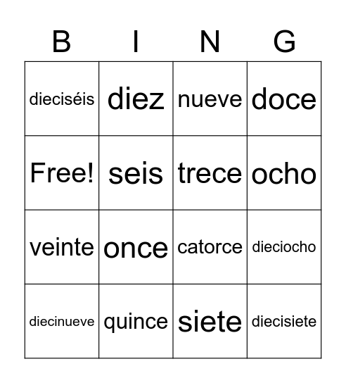V.2 Sies a Veinte Bingo Card