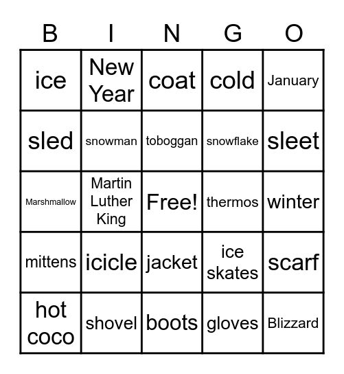January Vocabulary Words Bingo Card