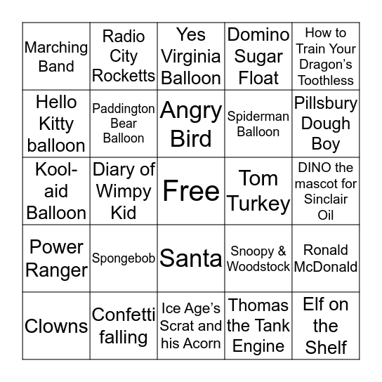 Thanksgiving Parade Bingo Card