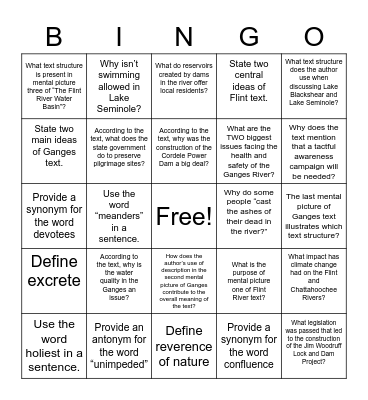 Writing to Win: River Ganges and Flint River Bingo Card