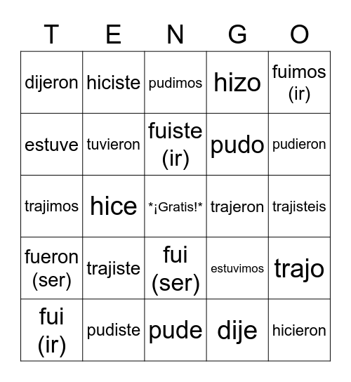 Verbos irregulares PRETÉRITO Bingo Card