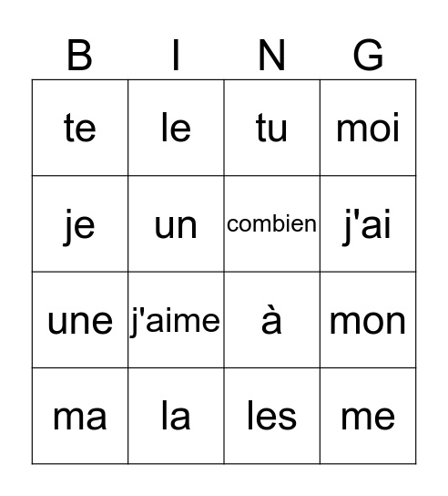 BINGO! Les mots communs Bingo Card