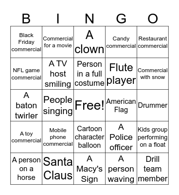 Thanksgiving Day Parade Bingo Card