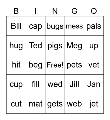 a, e, i, u words Bingo Card