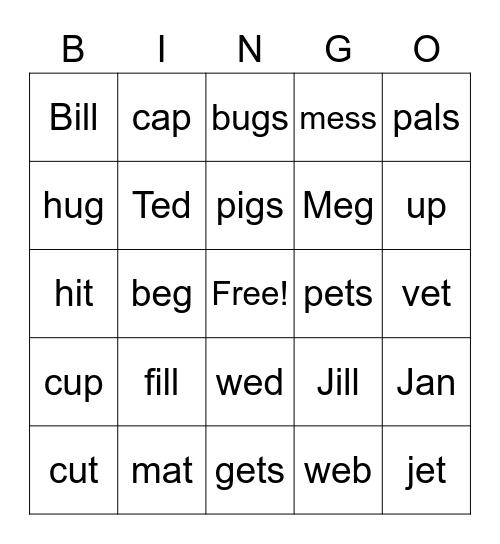 a, e, i, u words Bingo Card